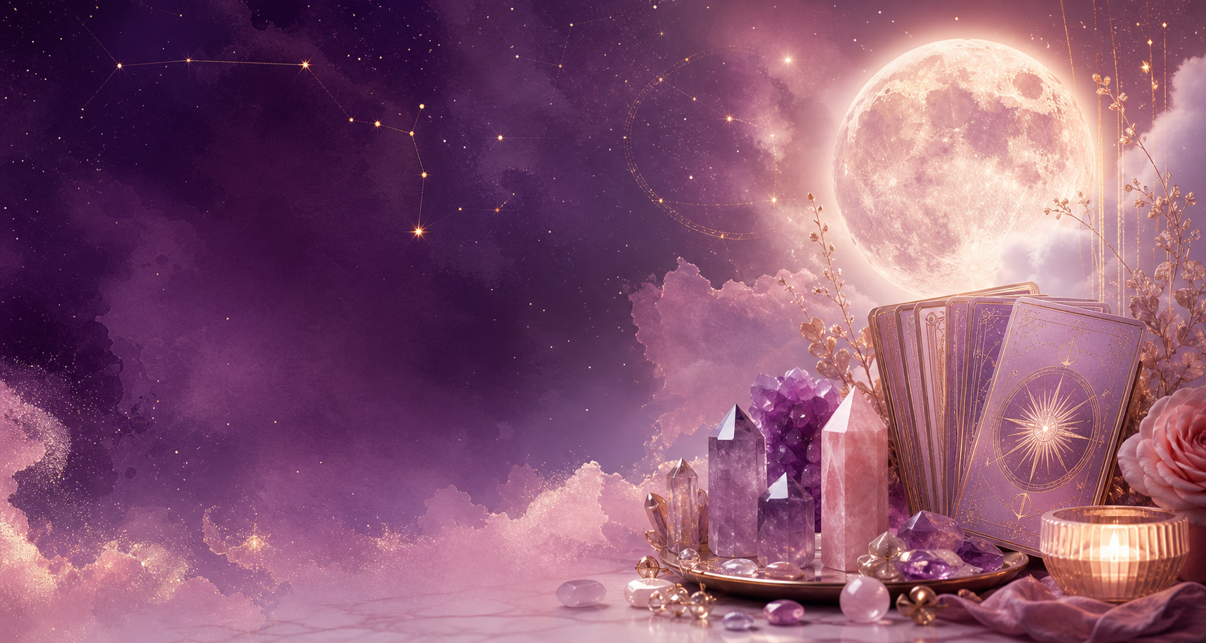 Luxury celestial moon, crystals and oracle cards
